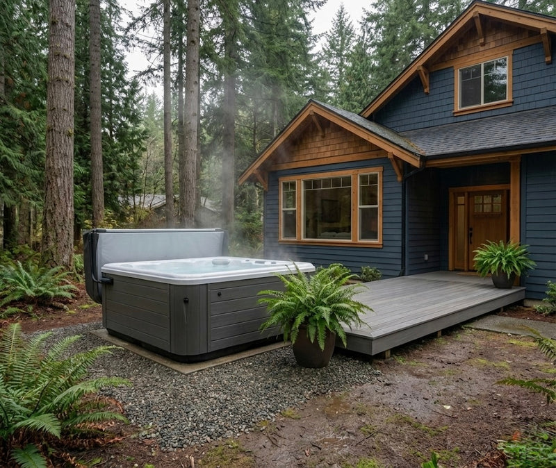 Modern dark deck with black railings