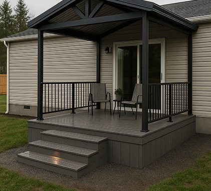 Modern dark deck with black railings