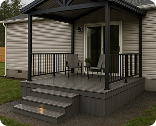 Modern dark deck with black railings