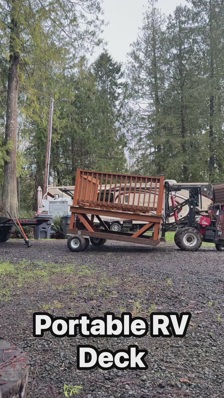 Portable RV deck being delivered and positioned, followed by views of the completed deck and stairs.